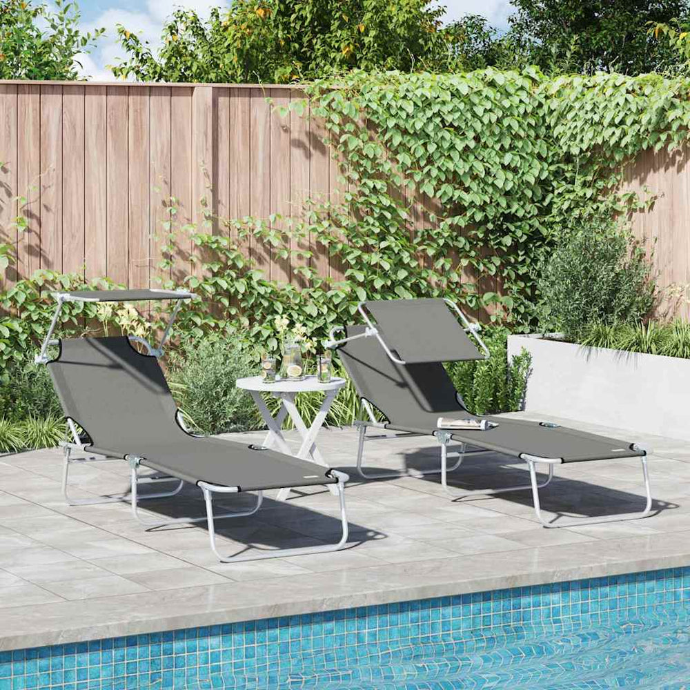 2-piece foldable sun lounger set with canopy, grey 600D oxford fabric