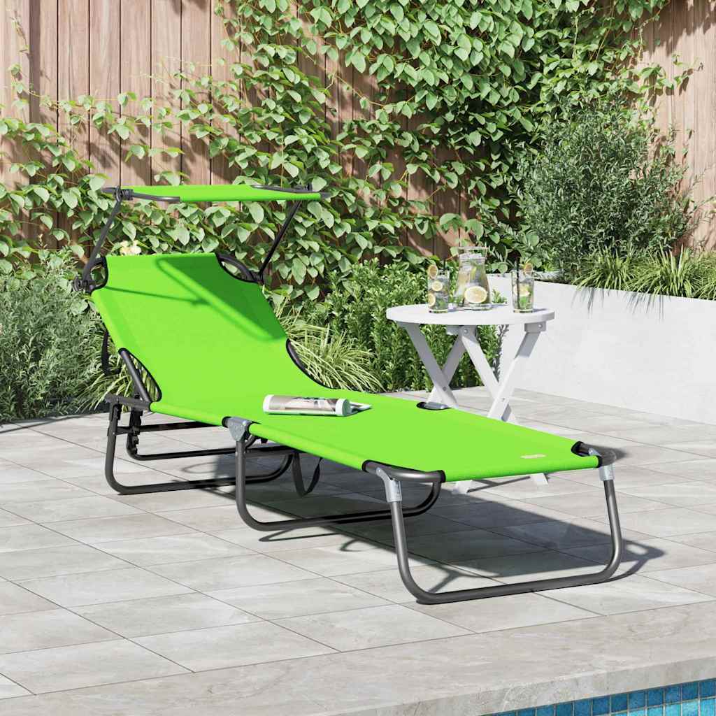 Folding sun lounger with roof, green, 600D Oxford fabric