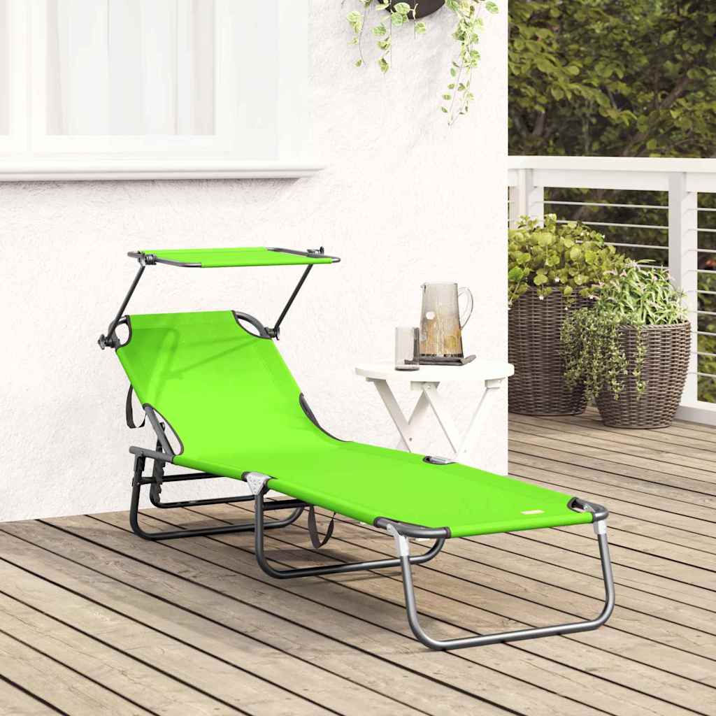 Folding sun lounger with roof, green, 600D Oxford fabric