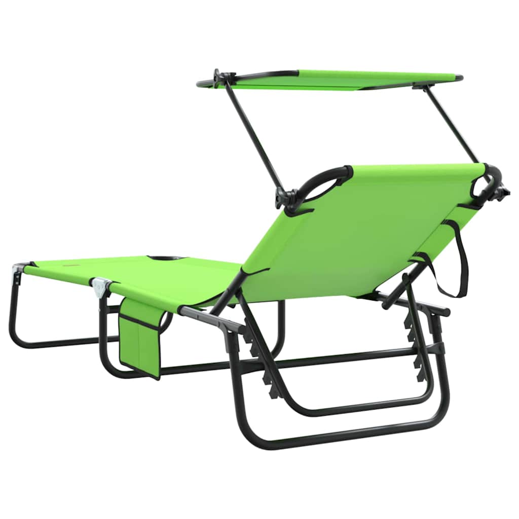 Folding sun lounger with roof, green, 600D Oxford fabric