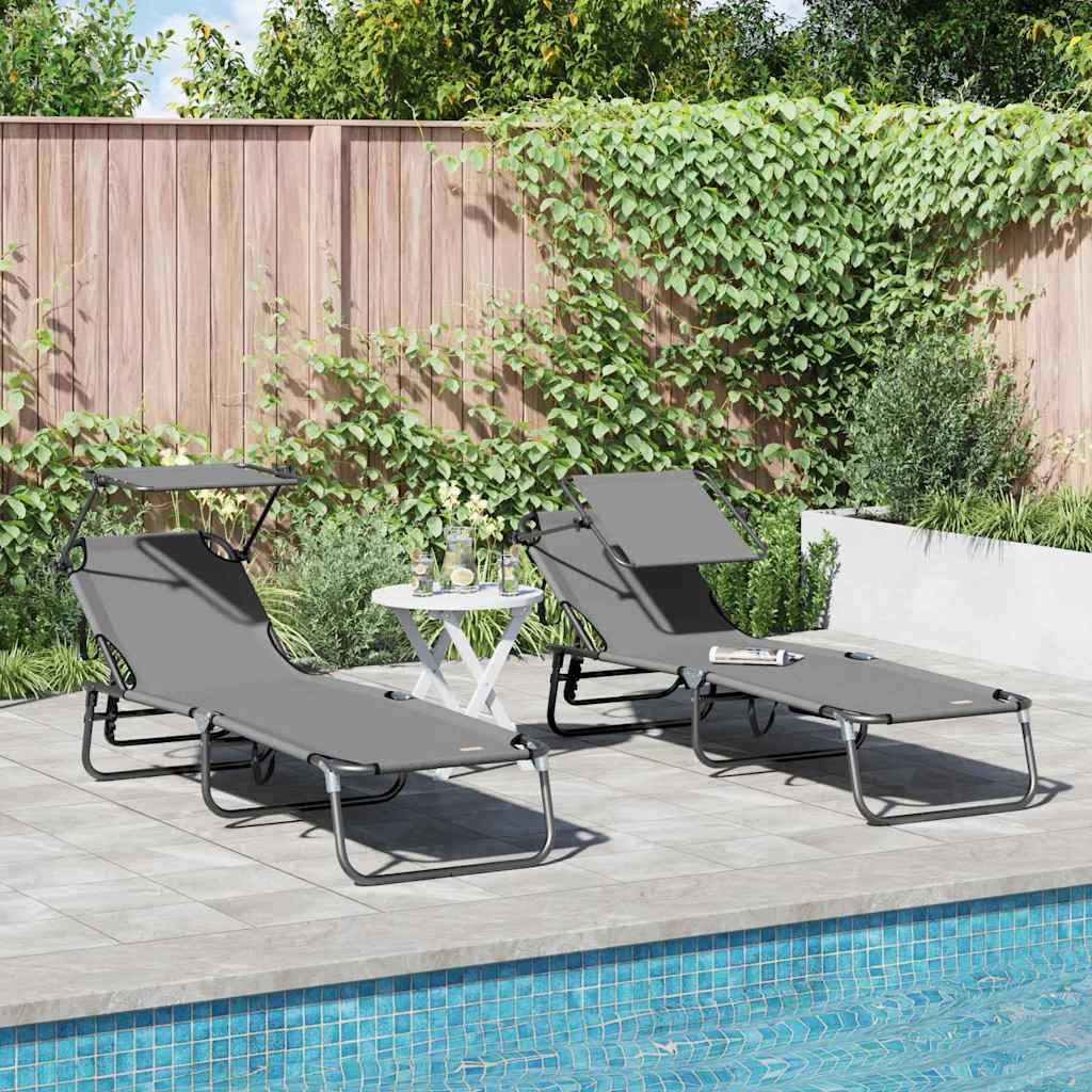 Foldable sun loungers 2 pcs with canopy, grey, 600D Oxford fabric.
