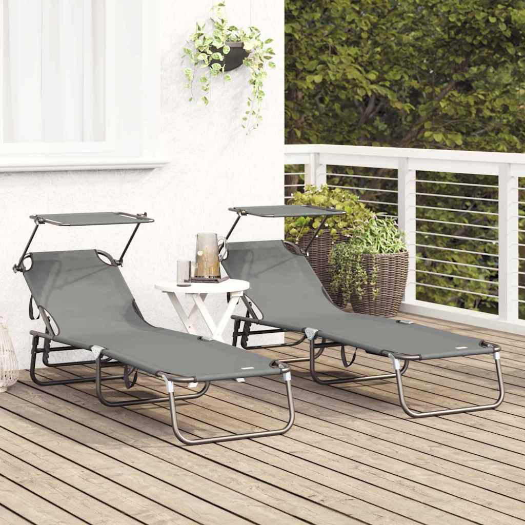 Foldable sun loungers 2 pcs with canopy, grey, 600D Oxford fabric.