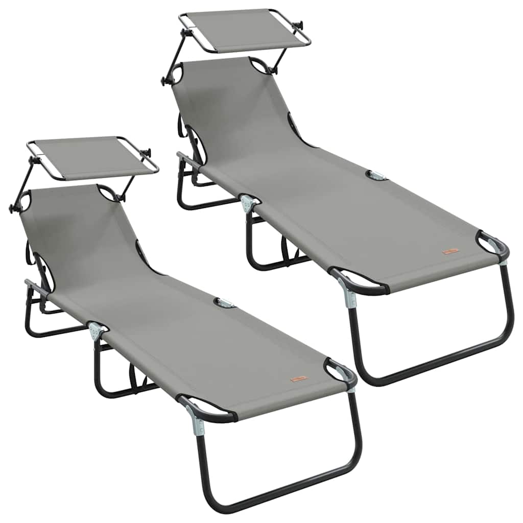 Foldable sun loungers 2 pcs with canopy, grey, 600D Oxford fabric.