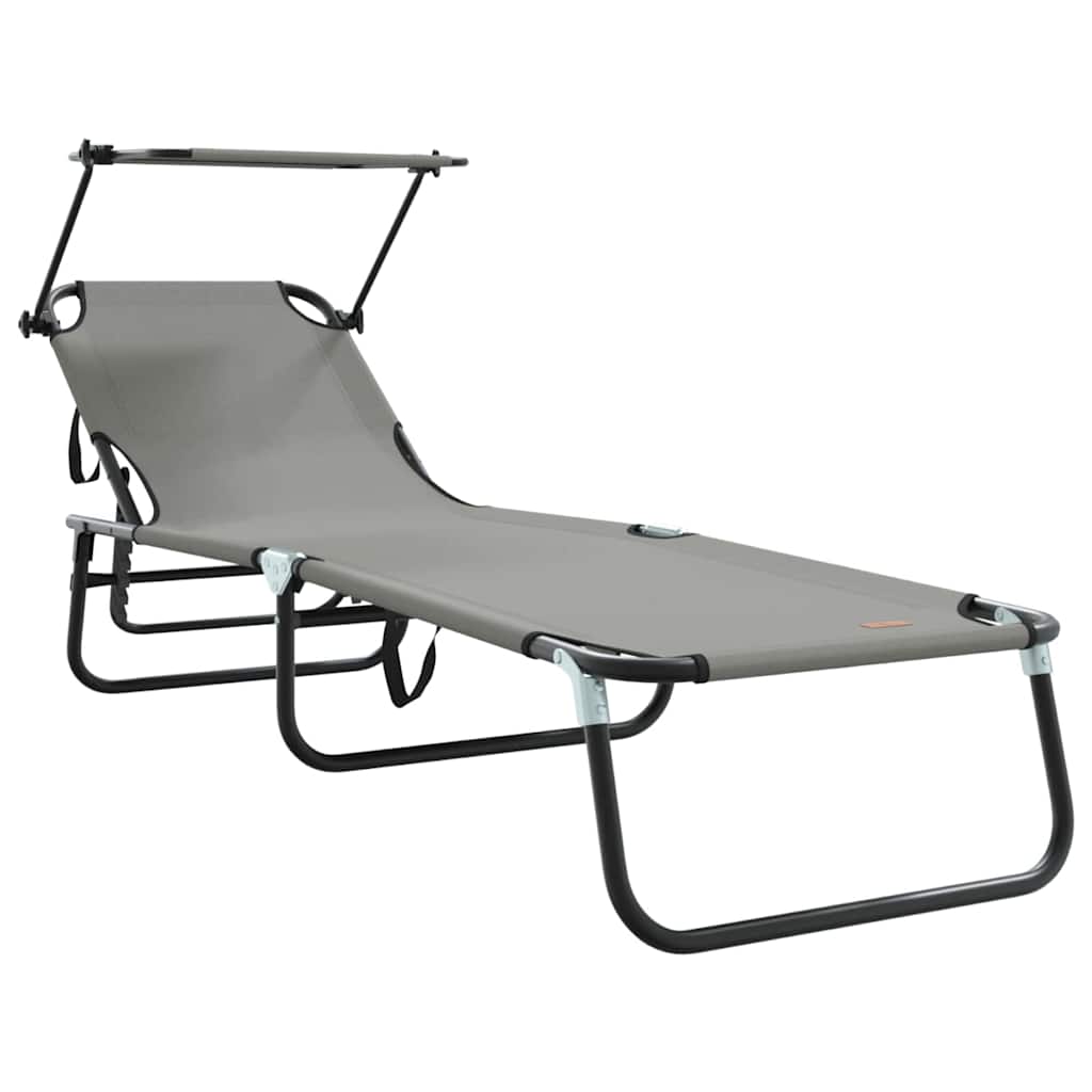 Foldable sun loungers 2 pcs with canopy, grey, 600D Oxford fabric.