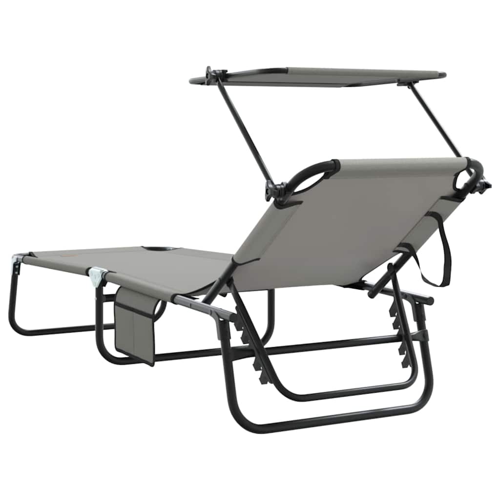 Foldable sun loungers 2 pcs with canopy, grey, 600D Oxford fabric.