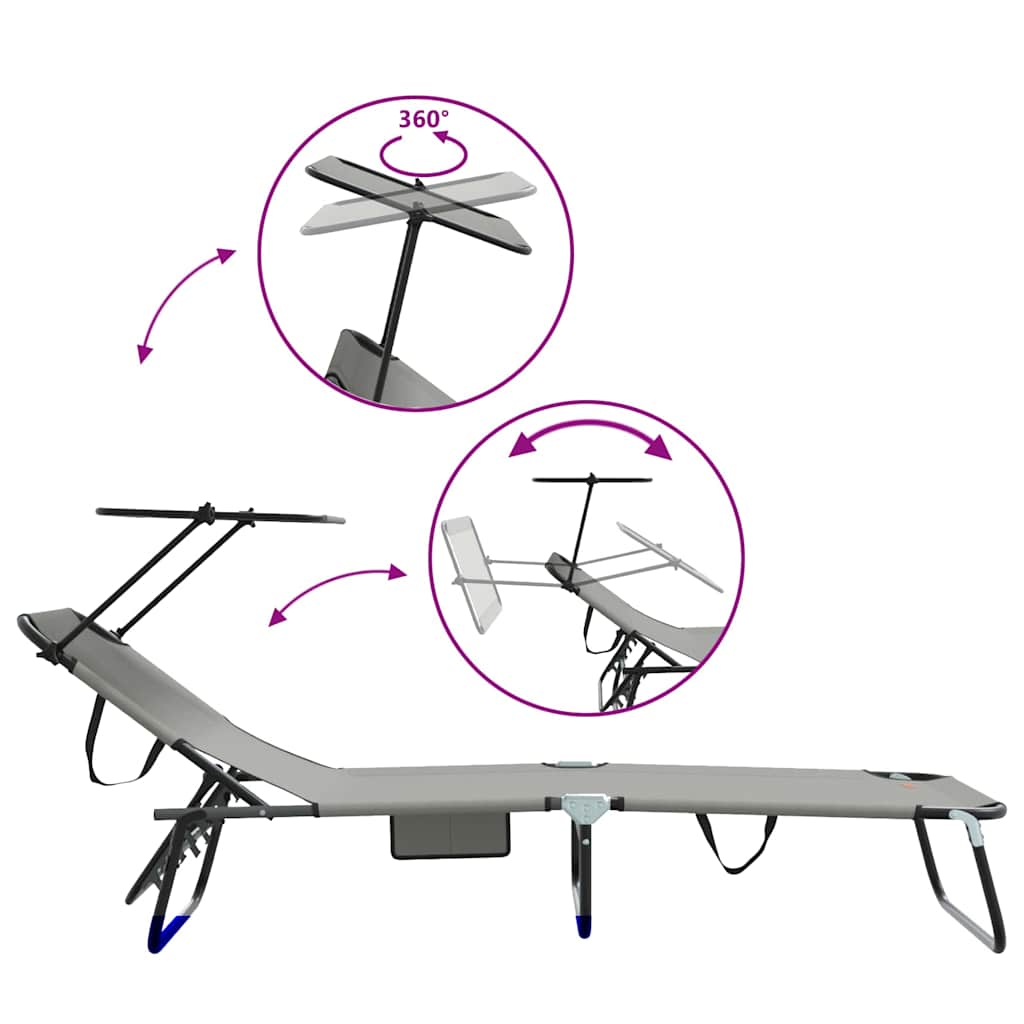 Foldable sun loungers 2 pcs with canopy, grey, 600D Oxford fabric.