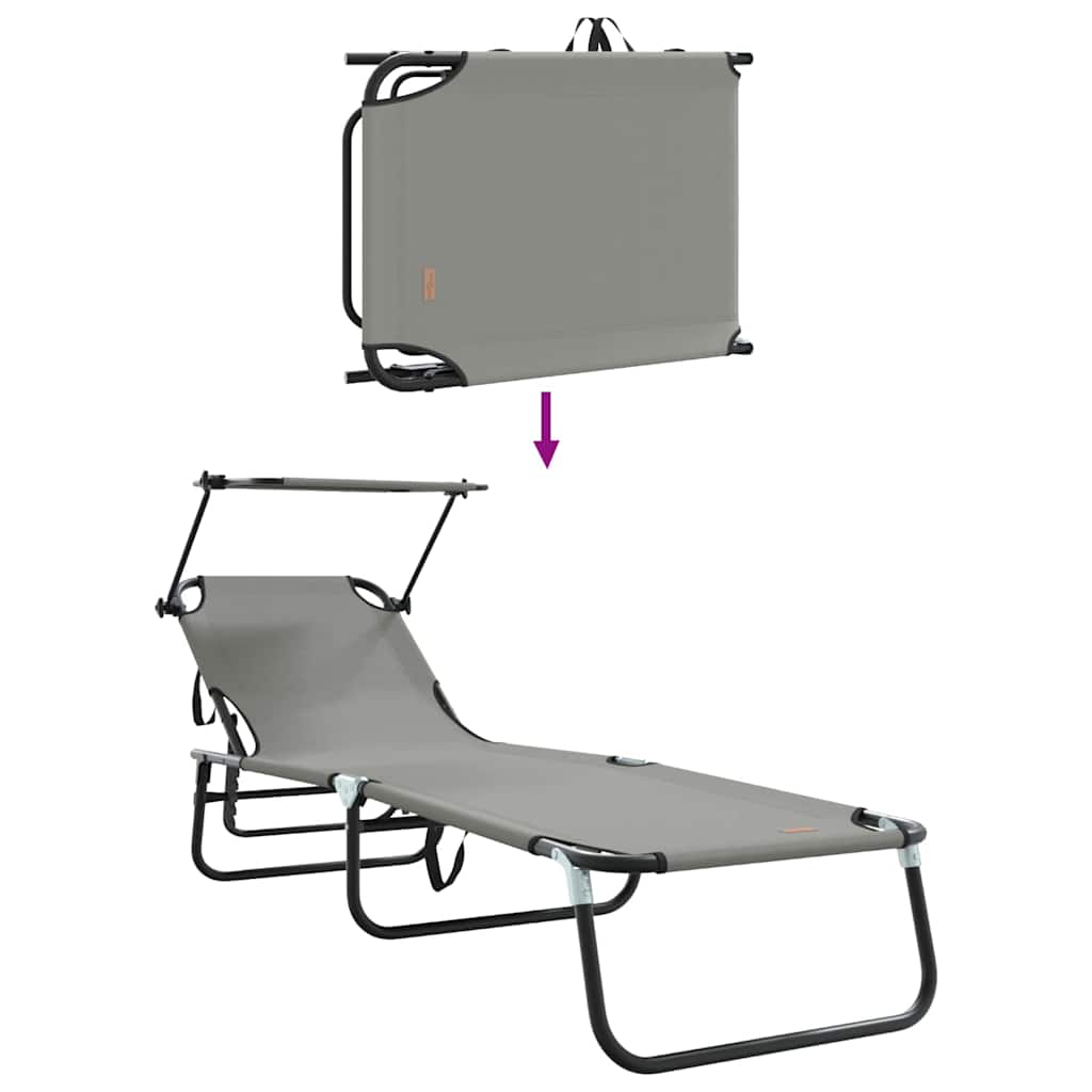 Foldable sun loungers 2 pcs with canopy, grey, 600D Oxford fabric.