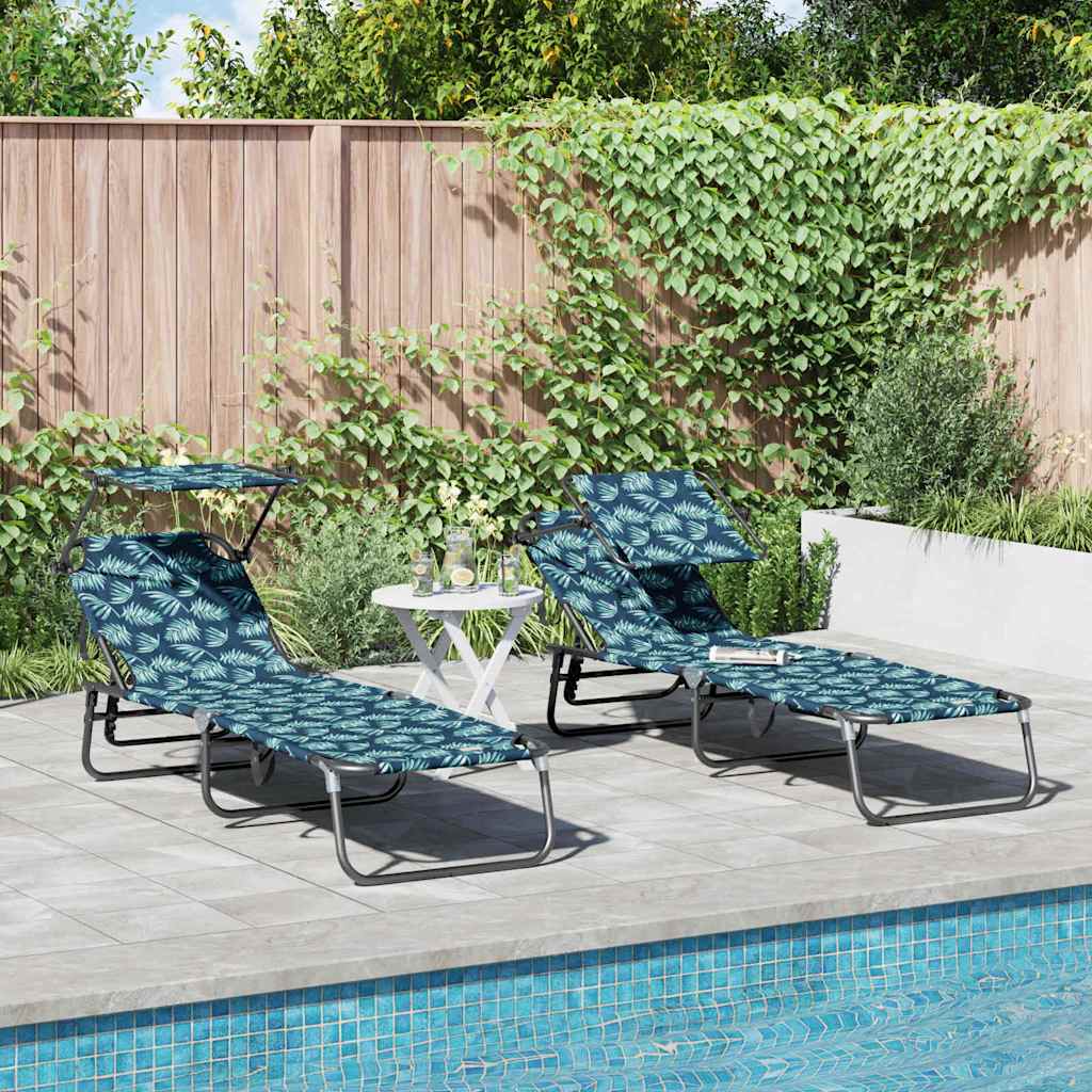 2-piece Folding Sun Loungers with Roof, Leaf Pattern, 600D Oxford Fabric