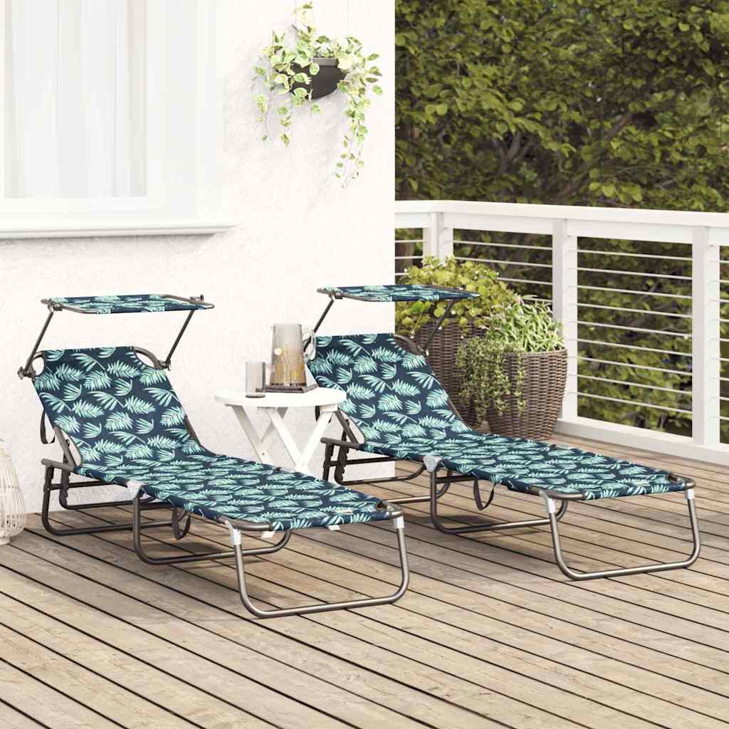 2-piece Folding Sun Loungers with Roof, Leaf Pattern, 600D Oxford Fabric