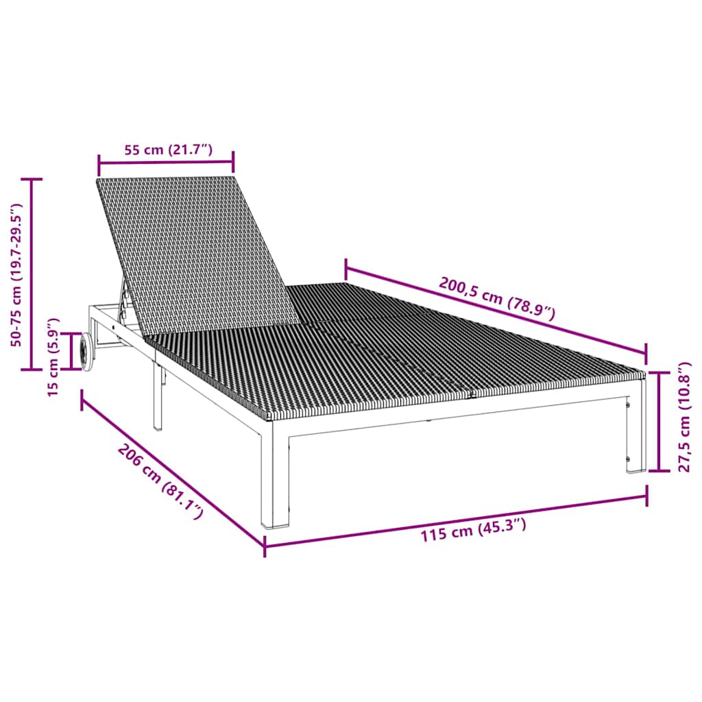 Sun Lounger 1-person Black 206 x 62.5 x 74 cm polyrattan