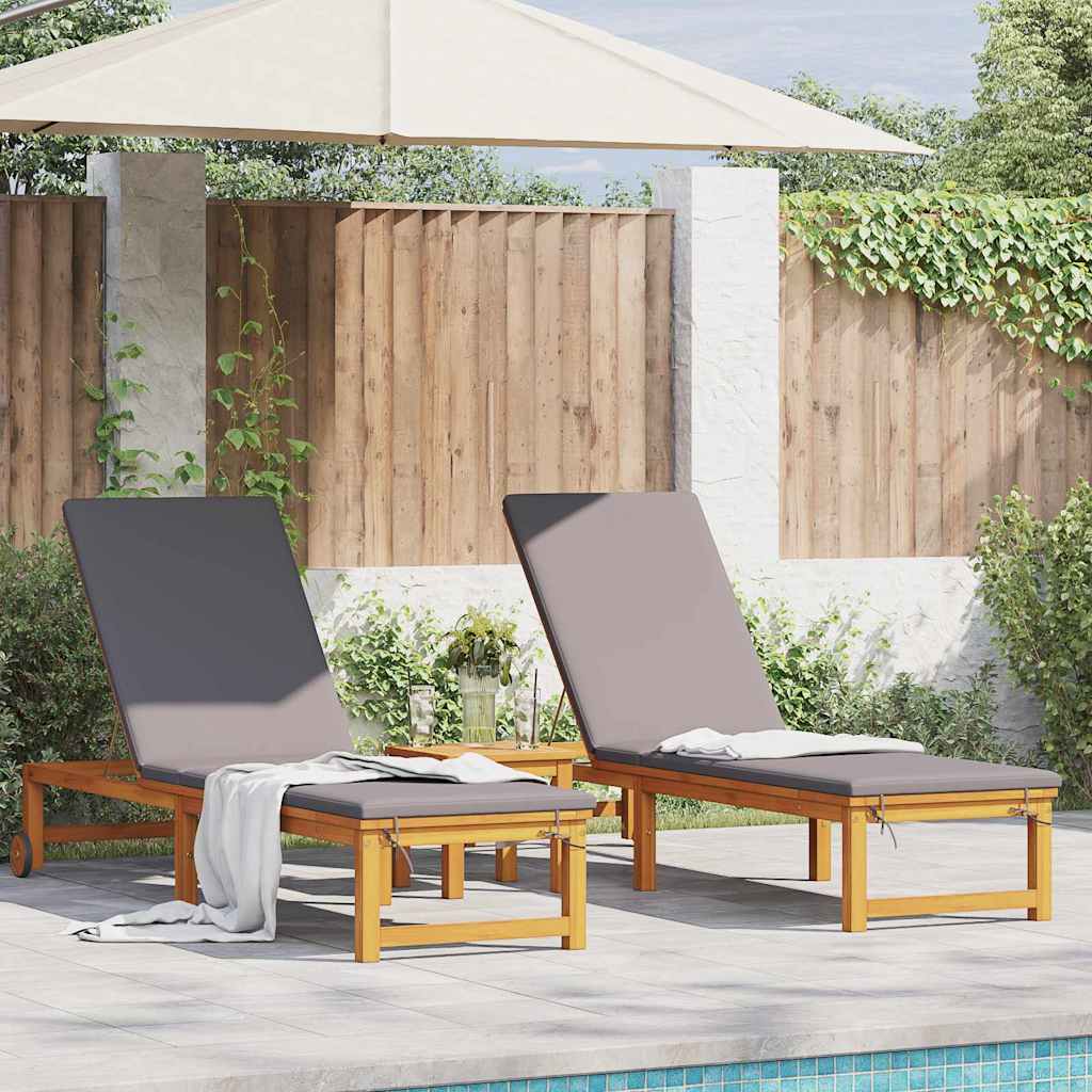 2 sun loungers with cushions, made of sturdy acacia wood