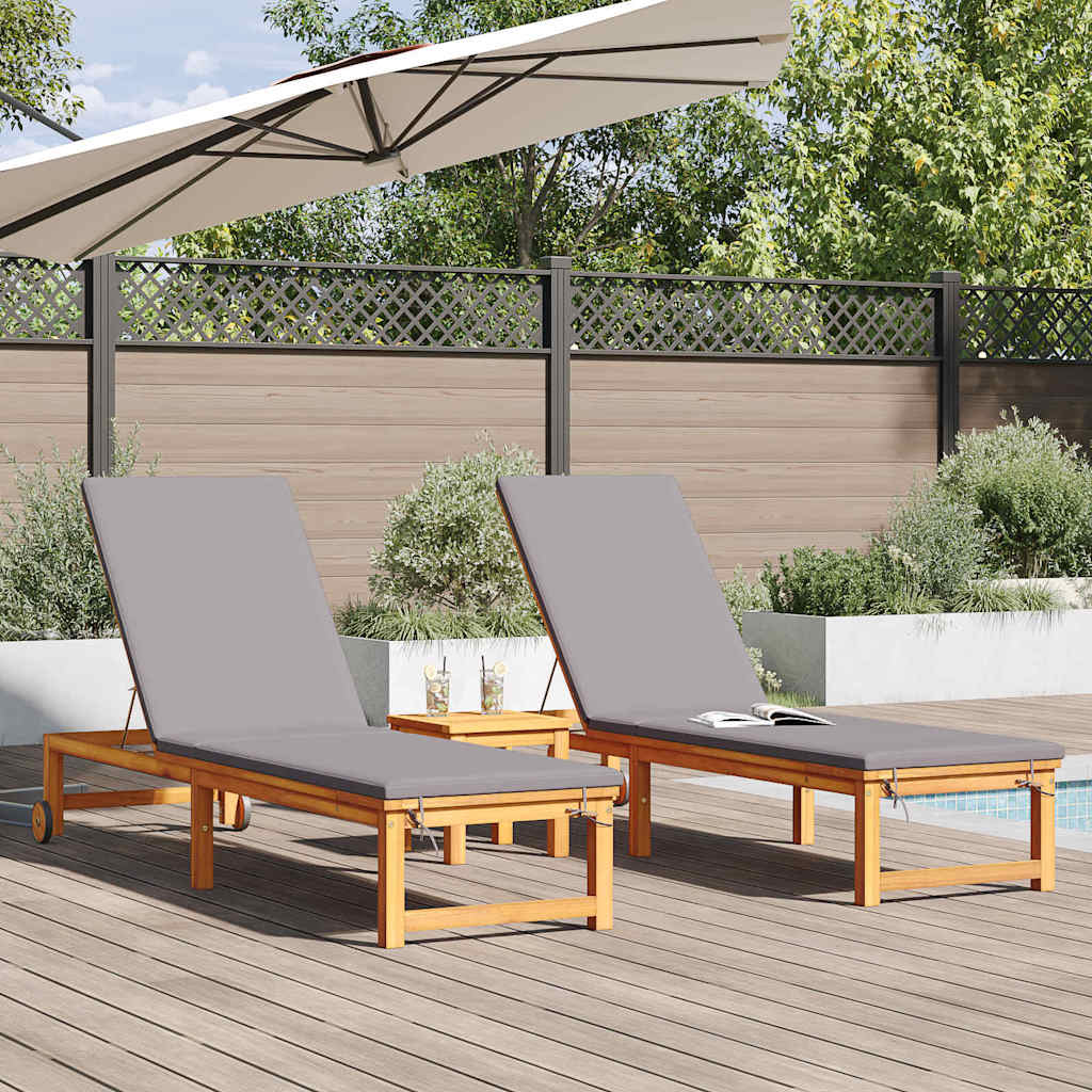 2 sun loungers with cushions, made of sturdy acacia wood