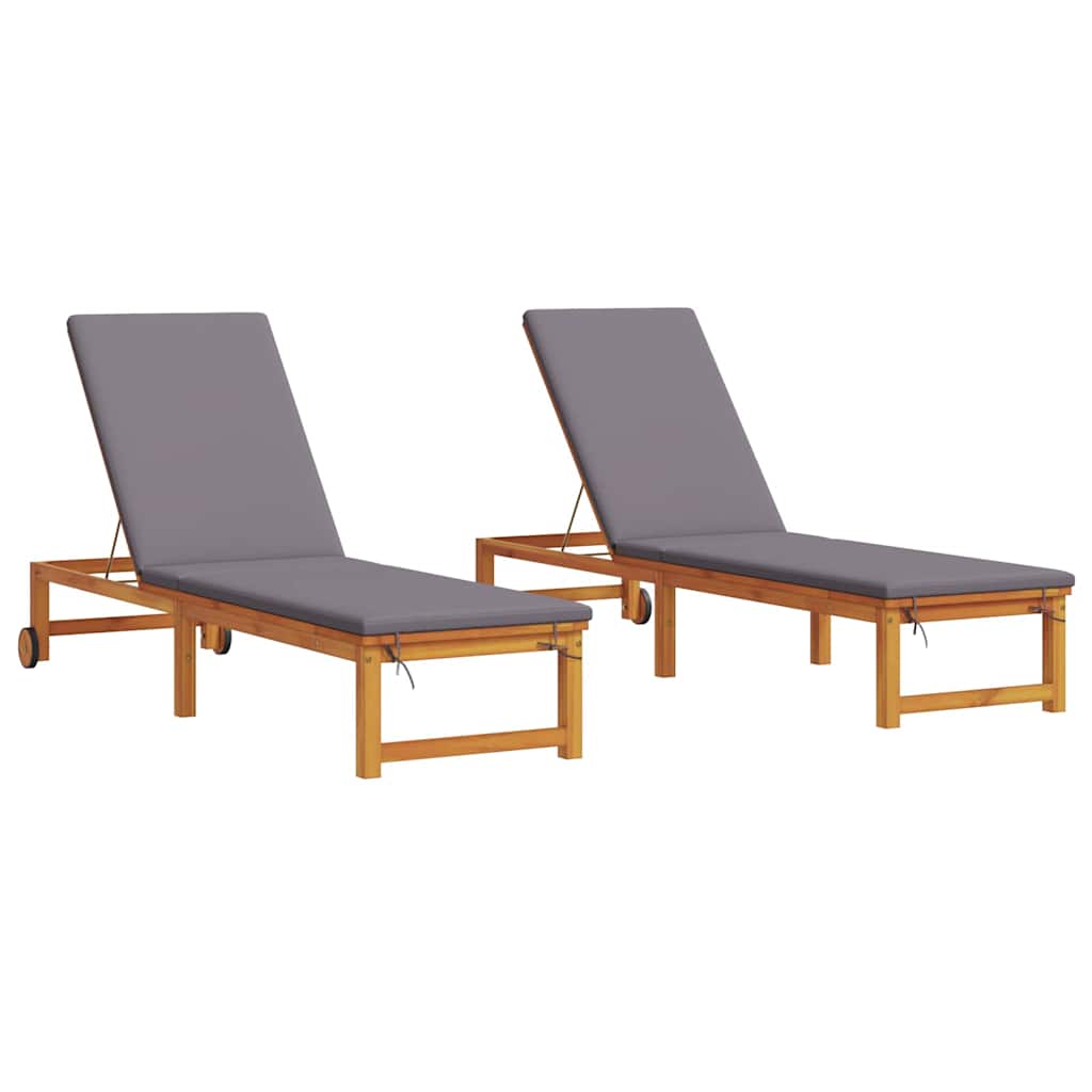 2 sun loungers with cushions, made of sturdy acacia wood