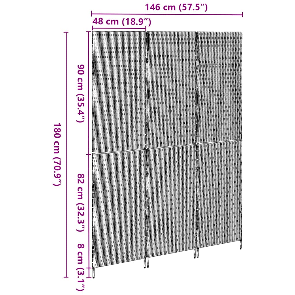 kambario skirstytuvas 3 panelėms sulankstomas pilkas 147x180 cm poli ratanas