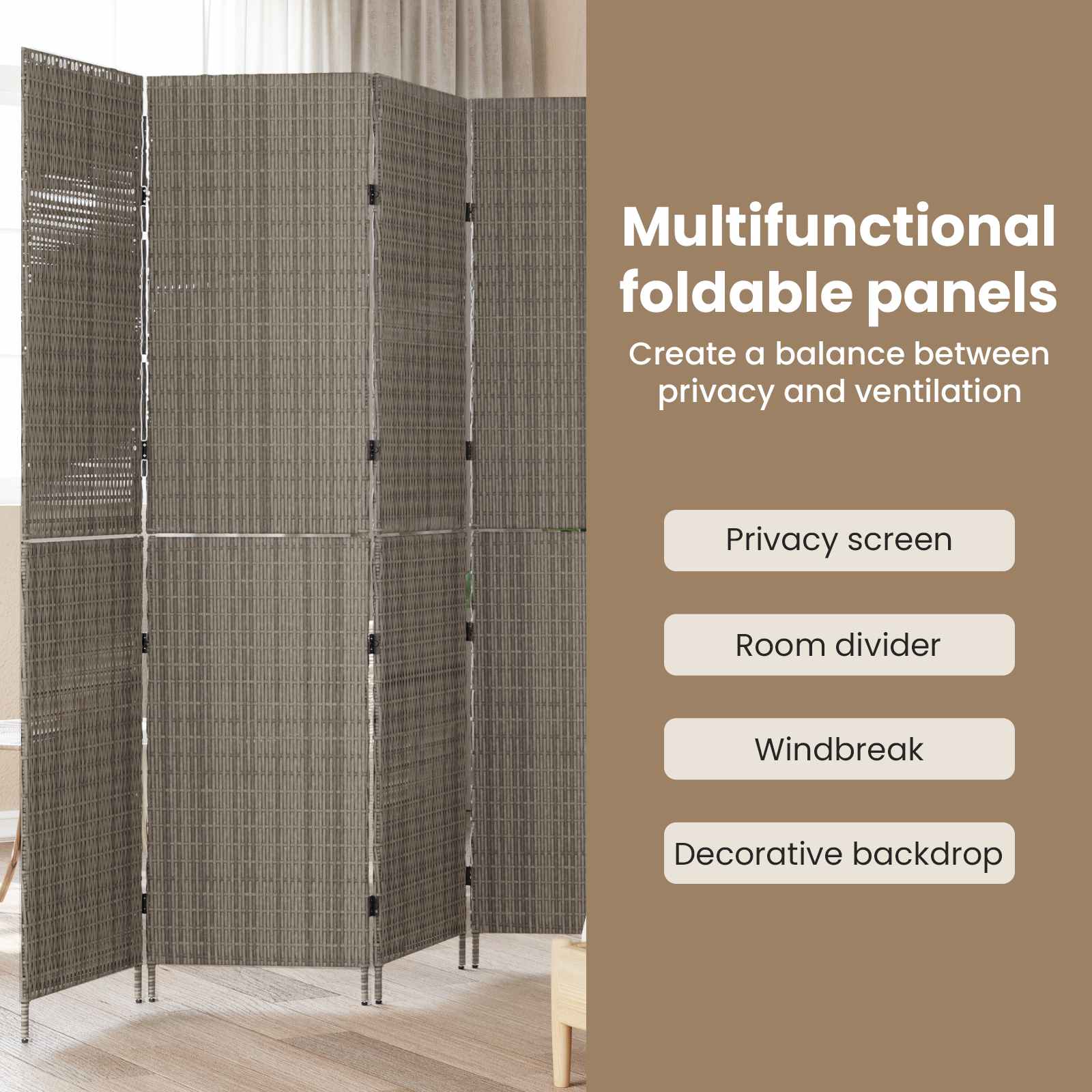 Kambario Pertvara 4 Paneliai Sulankstoma Pilka 195x180 cm Poli Ratanas