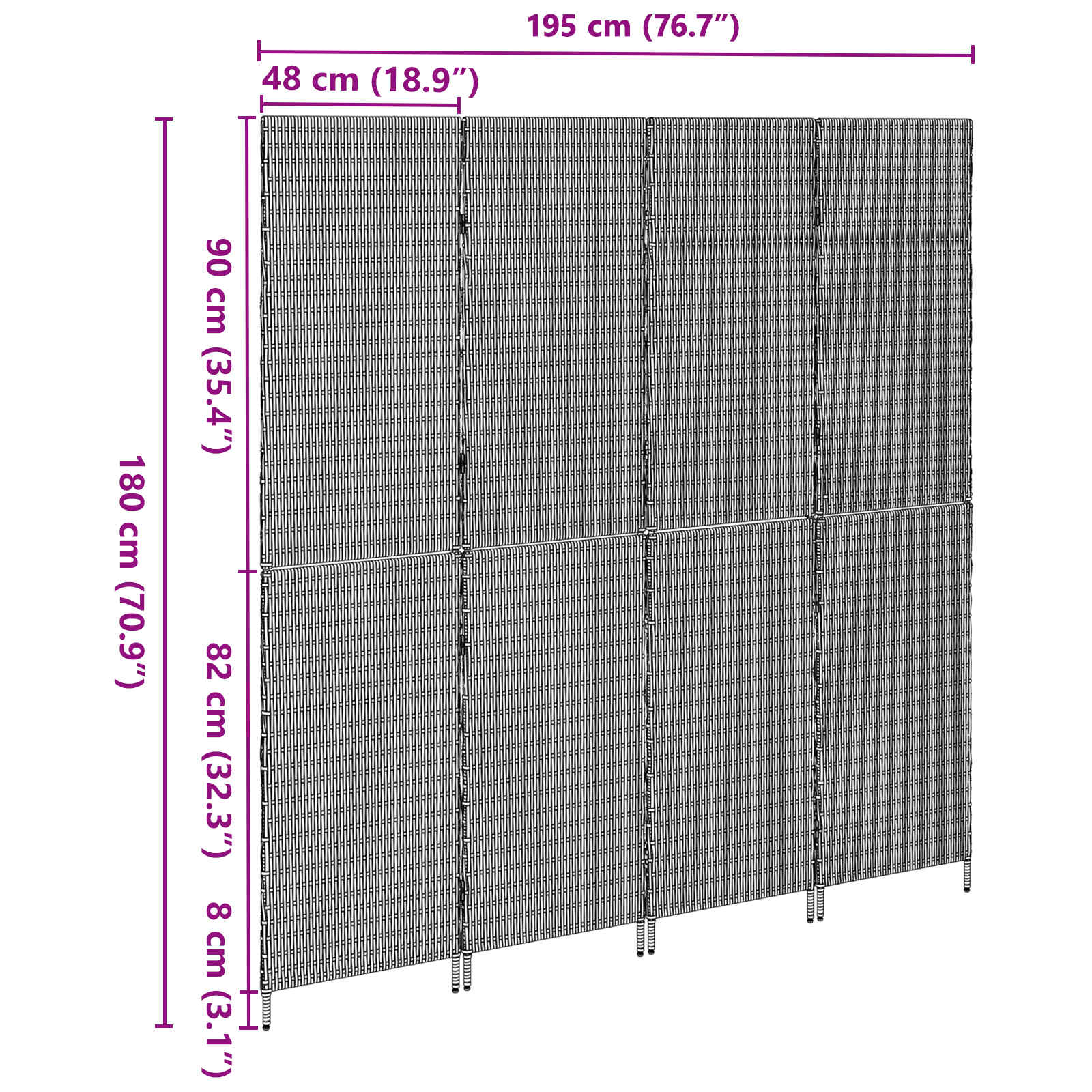 Kambario Pertvara 4 Paneliai Sulankstoma Pilka 195x180 cm Poli Ratanas