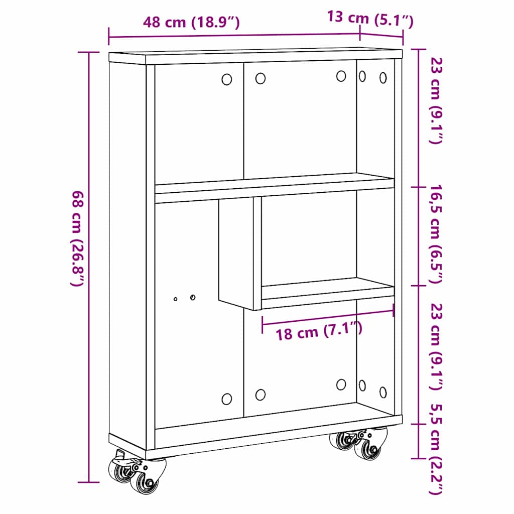Narrow storage trolley black oak 48 x 13 x 68 cm
