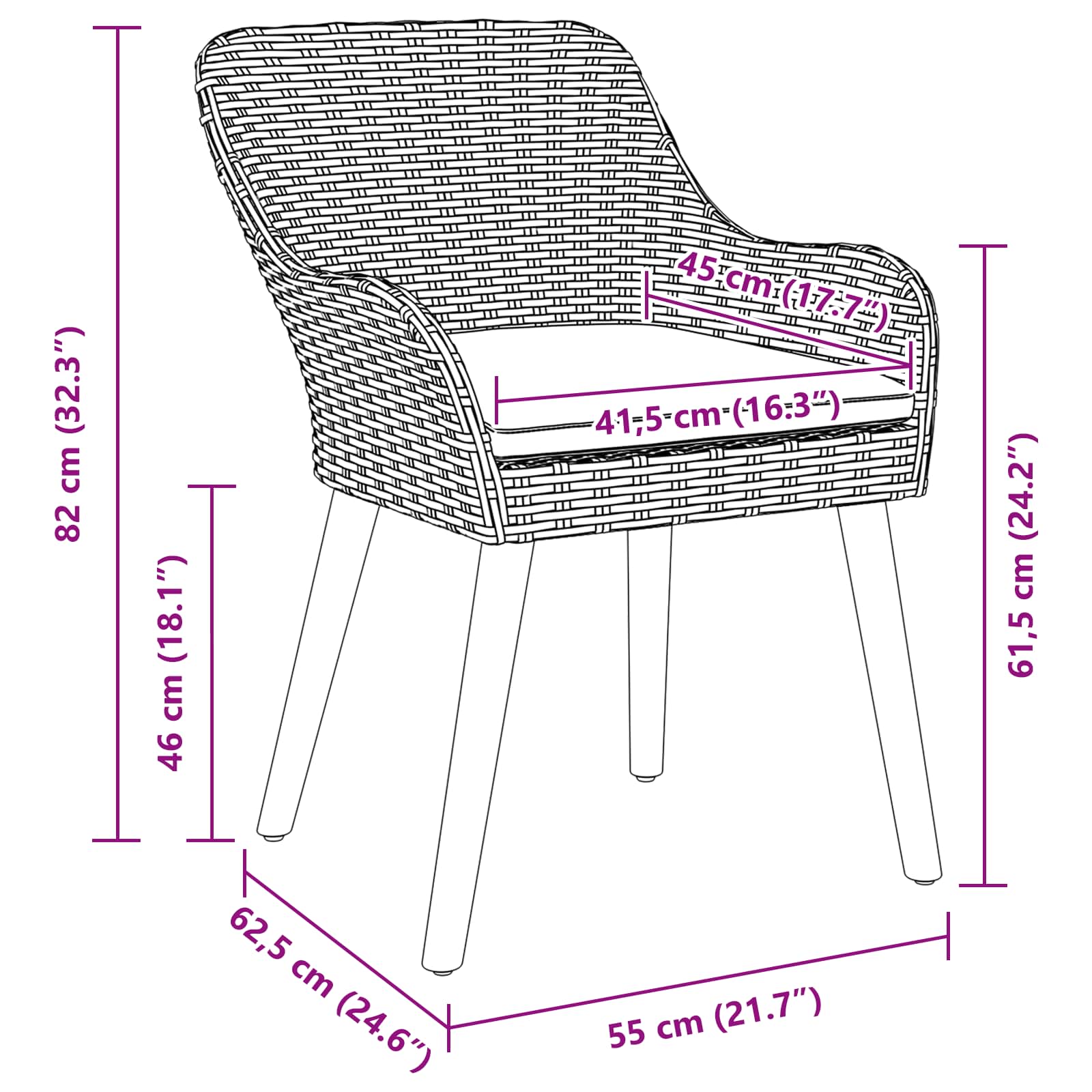 Garden Chair with Cushion 2 pcs Black 55 x 62.5 x 82cm Poly Rattan