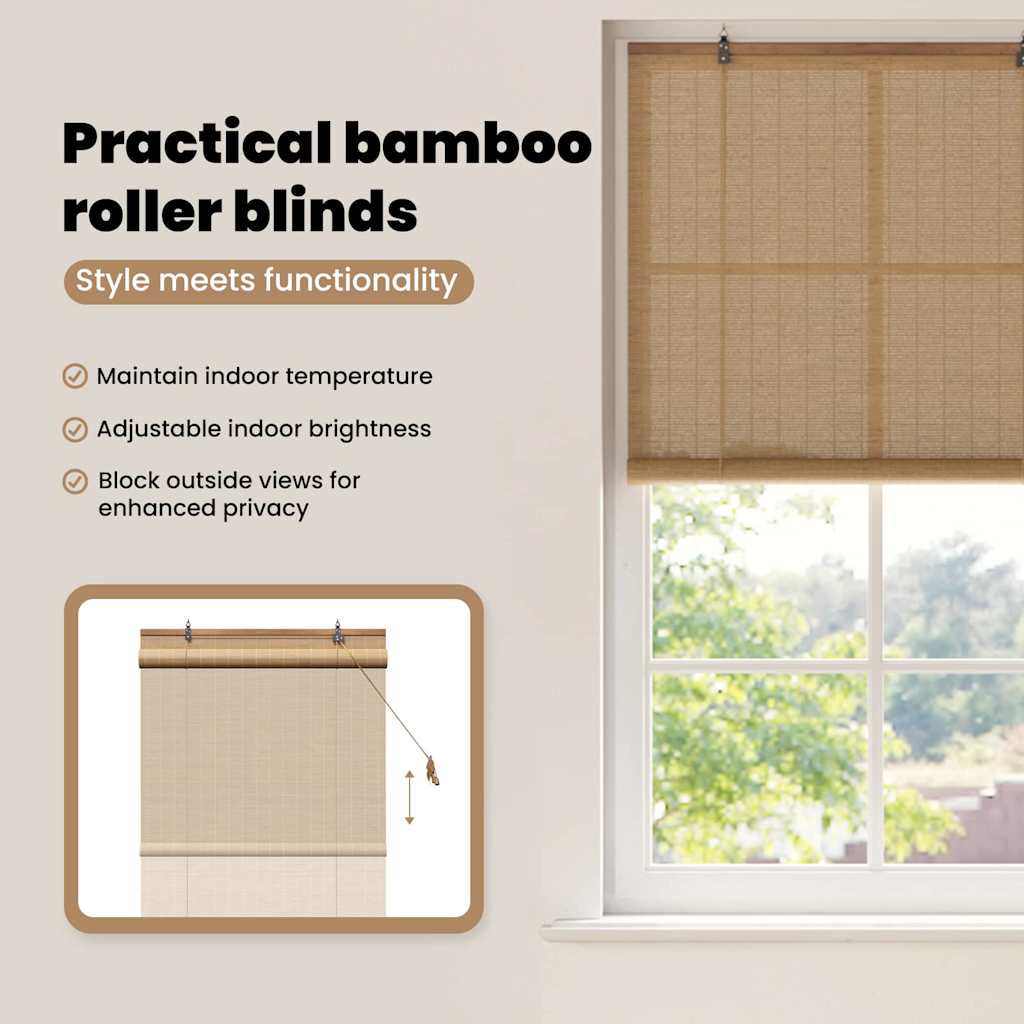 Bamboo Roller Blind with Curtains Brown 90 x 160 cm