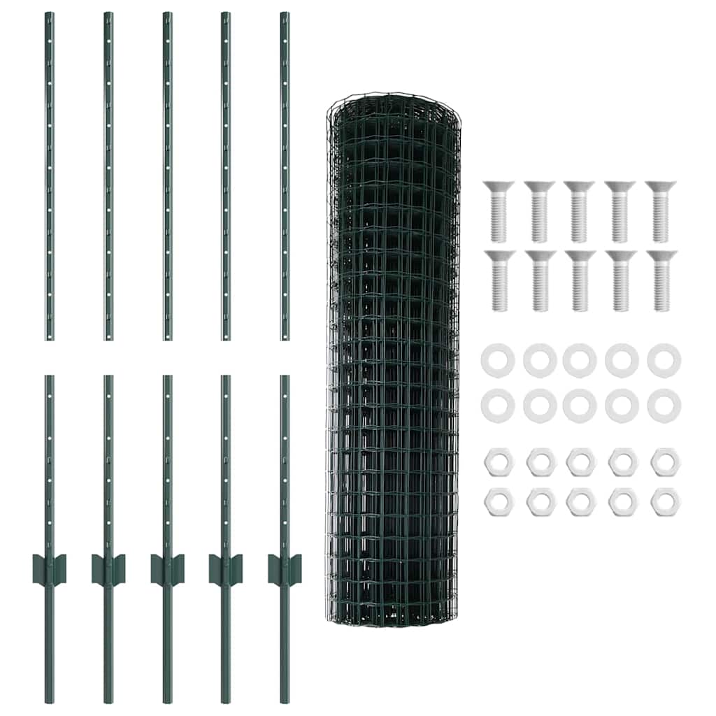Fence with Posts Green 1 x 10 m Steel and PVC