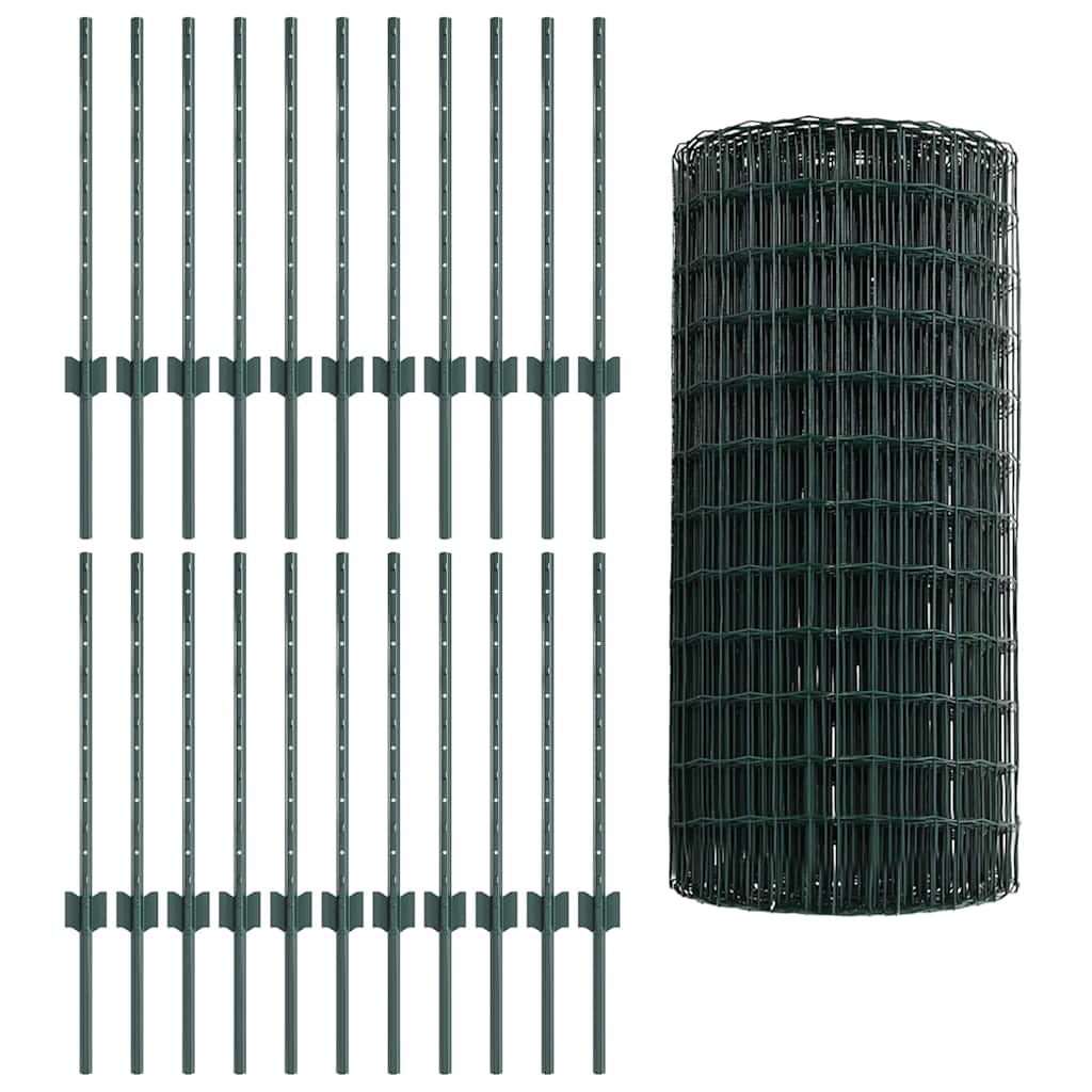 Fence with posts Green 0.6 x 50 m Steel and PVC