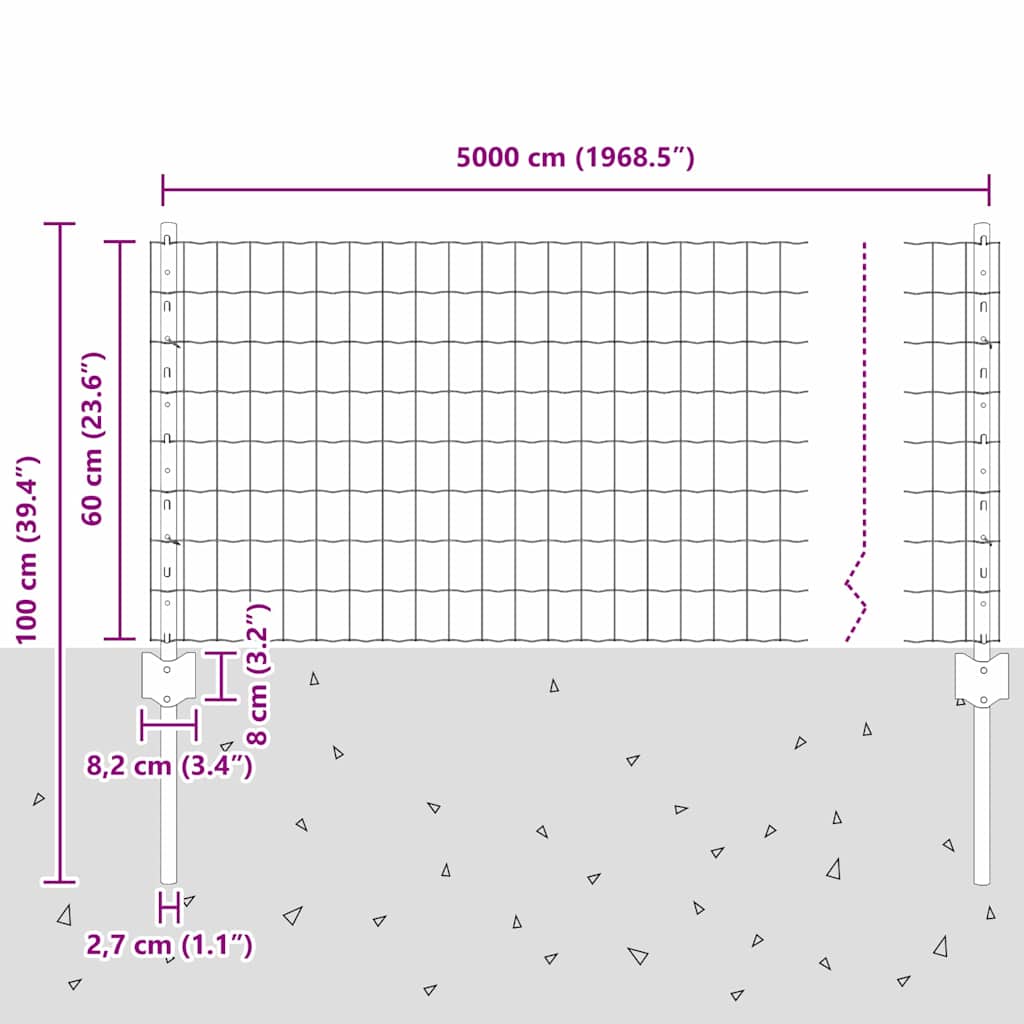 Fence with posts Green 0.6 x 50 m Steel and PVC