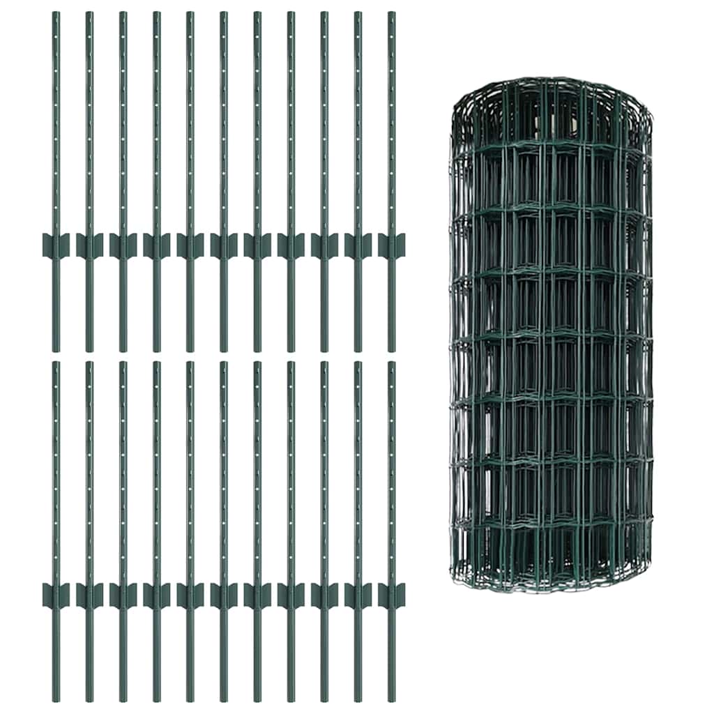 Fence with posts Green 0.6 x 50 m Steel and PVC
