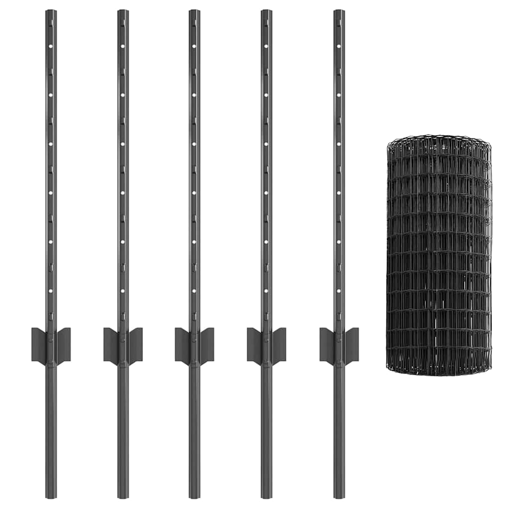 Fence with Posts Grey 0.6 x 10 m Steel and PVC