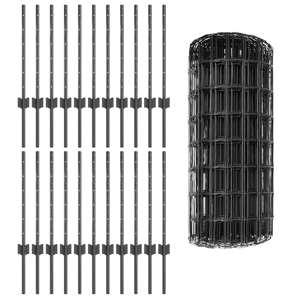 Fence with Posts Grey 0.6 x 50 m Steel and PVC