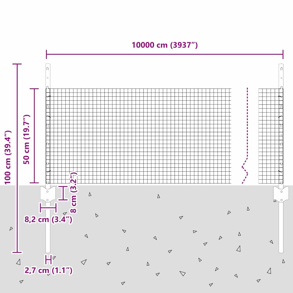 Suvirintas vielos tvora su stulpeliais 100 x 0,5 m Sidabrinė