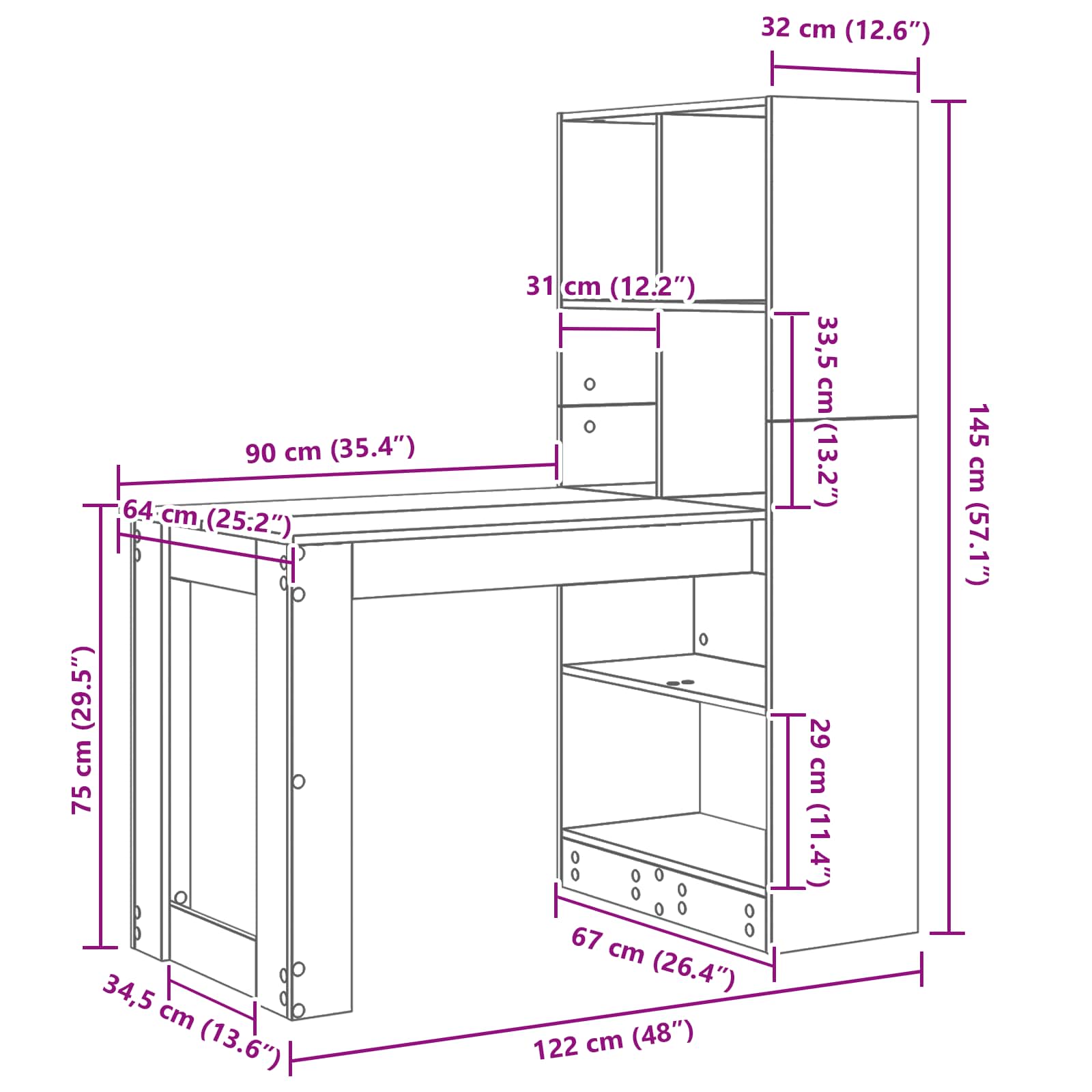 Galds ar plauktu un uzglabāšanas vietu Balts 122 x 67 x 145 cm