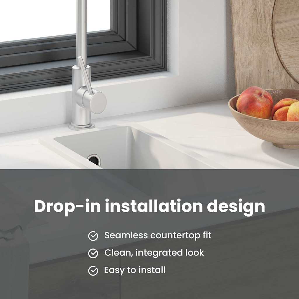 kitchen sink with overflow hole in white granite
