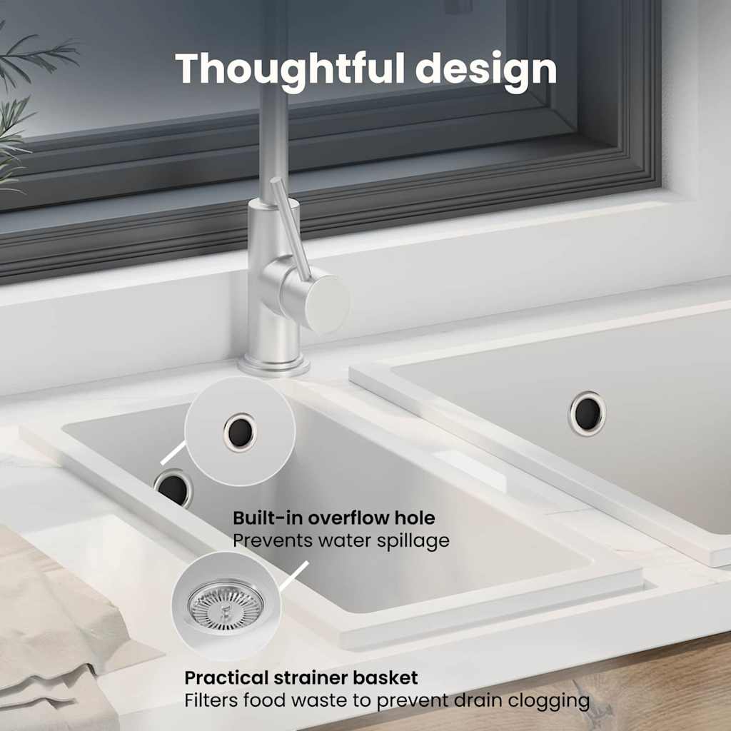 kitchen sink with overflow hole in white granite