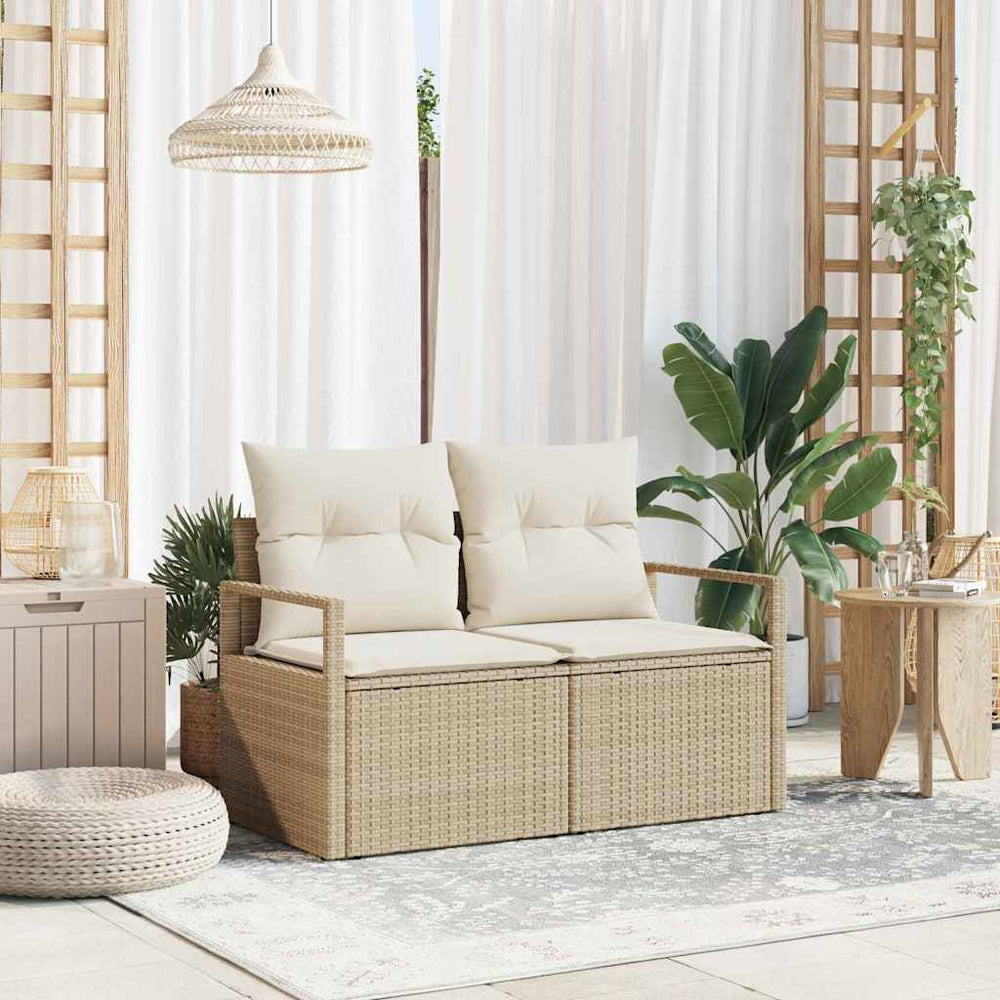 2 vietų sodo sofa su saugykla ir pagalvėlėmis, smėlio spalvos poli ratanas