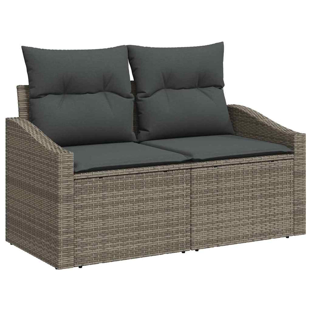 2-seater garden sofa with storage and cushions, grey poly rattan
