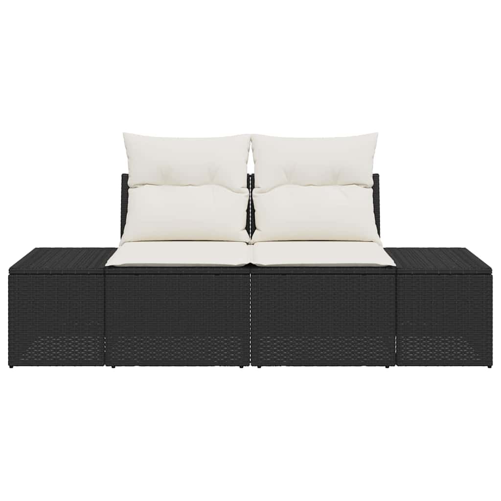 dvisėdė sodo sofa su saugojimu ir pagalvėlėmis Juoda poliruotas ratanas