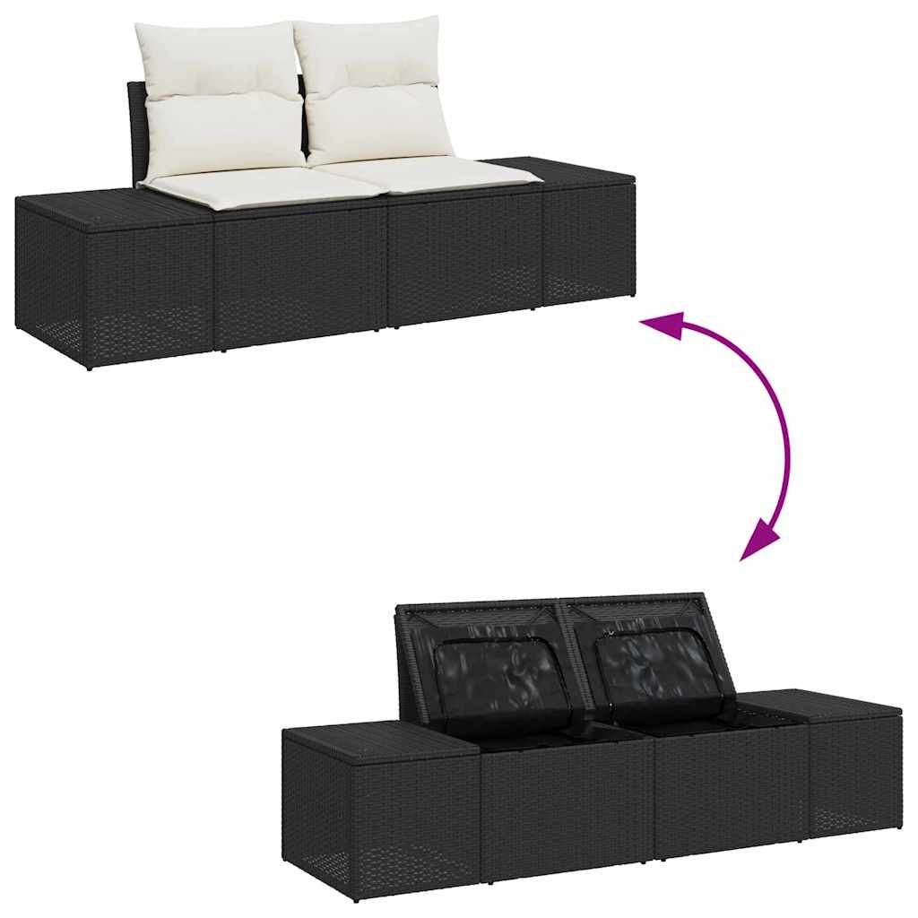 dvisėdė sodo sofa su saugojimu ir pagalvėlėmis Juoda poliruotas ratanas