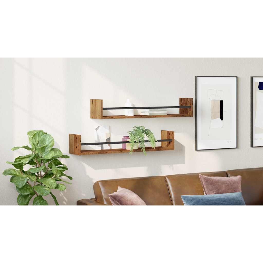 Sieninė lentyna su saugykla 2 pcs Senas medis 80 x 16 x 14 cm