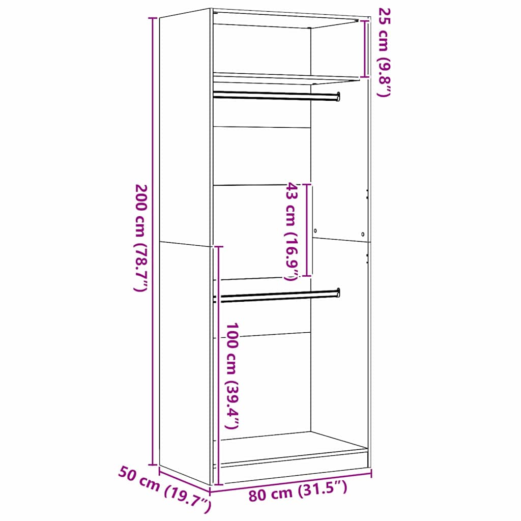 Black Wardrobe 80x50x200 cm Solid Wood