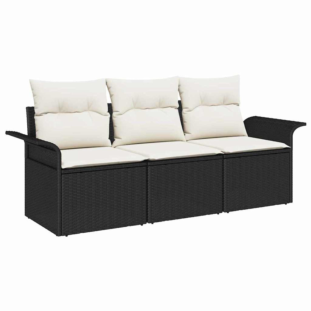 3-Piece Garden Sofa Set with Cushions - Black Poly Rattan