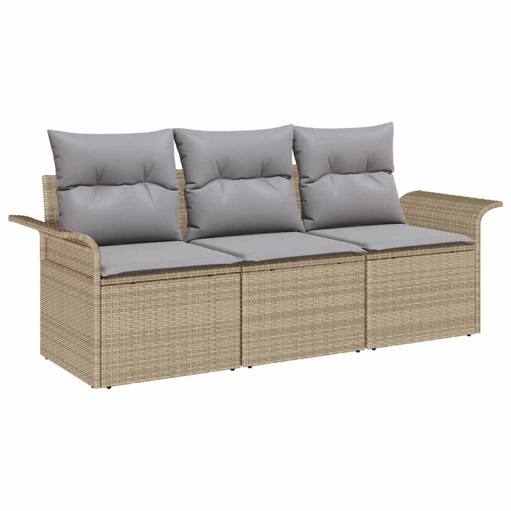 3-piece garden sofa set with beige poly rattan cushions.