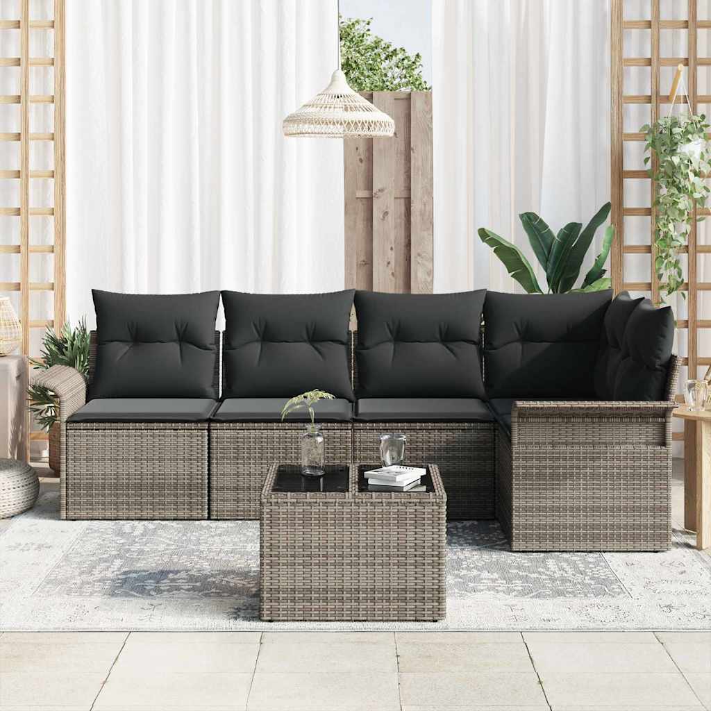 5 dalių sodo sofa su pagalvėlėm, juodos spalvos, pagaminta iš poli rattan.