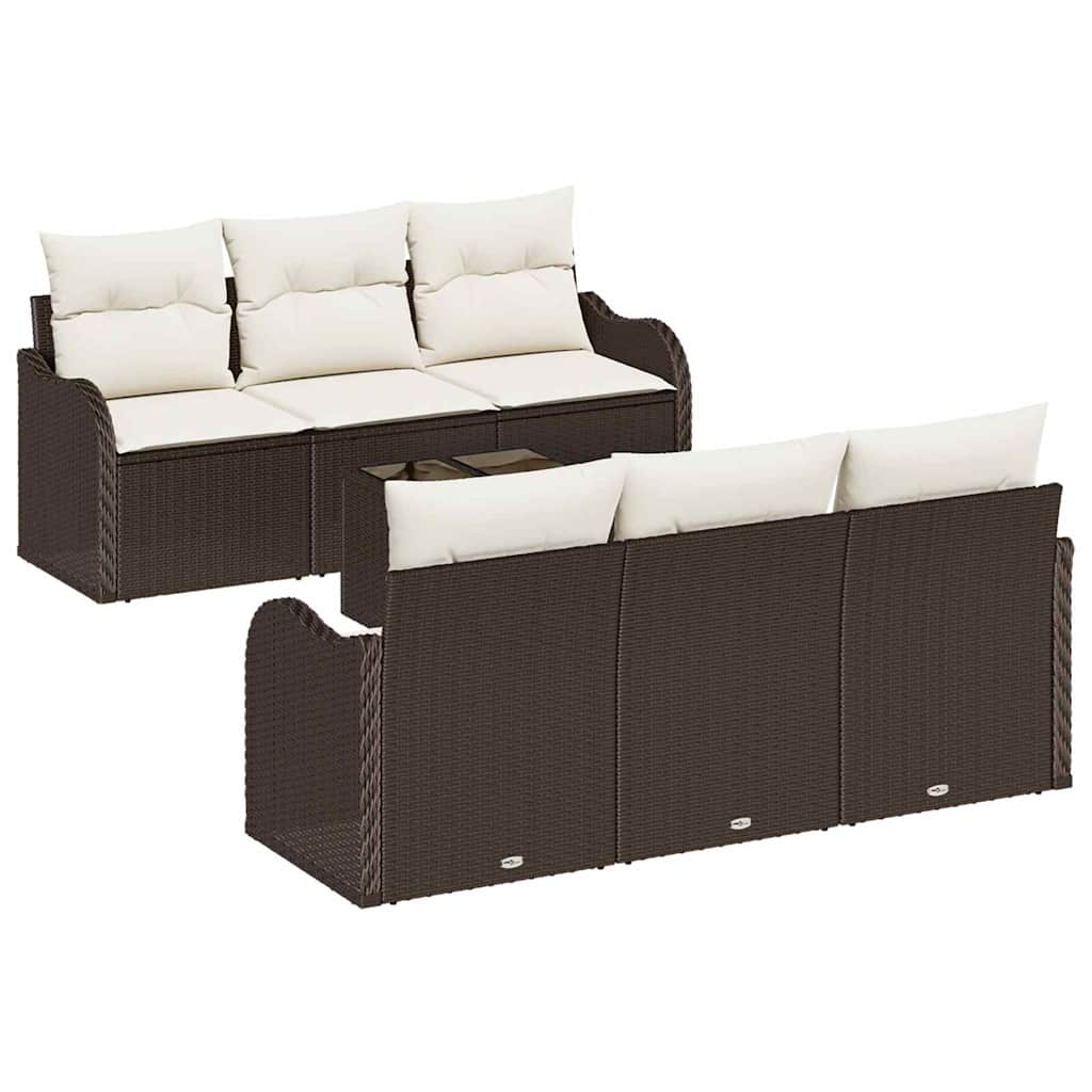 7 Piece Garden Sofa Set with Cushions Brown Poly Rattan