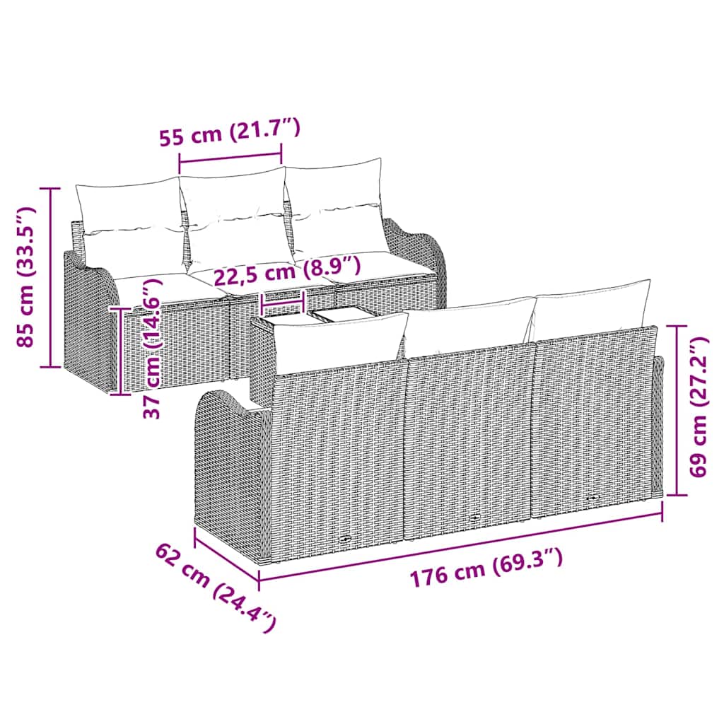7 Dalių Sodo Sofa Komplektas su Paguldais Pilka Poli Ratanas