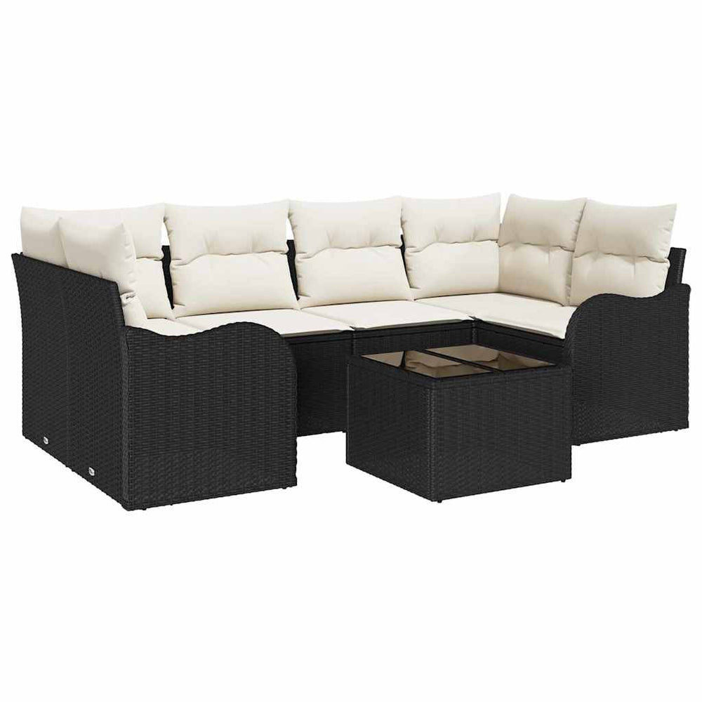 7-piece garden sofa set with cushions black poly rattan