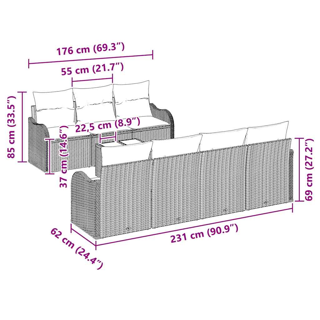 8 dalių sodo sofa rinkinys su pagalvėmis pilka poli ratanas