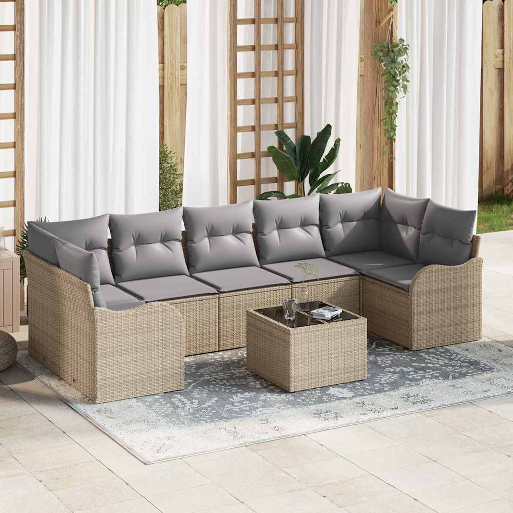 8-Piece Garden Sofa Set with Cushions Sand Poly Rattan