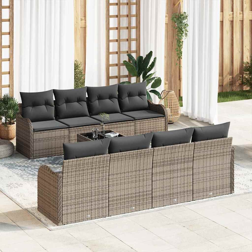 9 dalių sodo sofa rinkinys su pagalvėlėmis, pilkas, poli ratanas