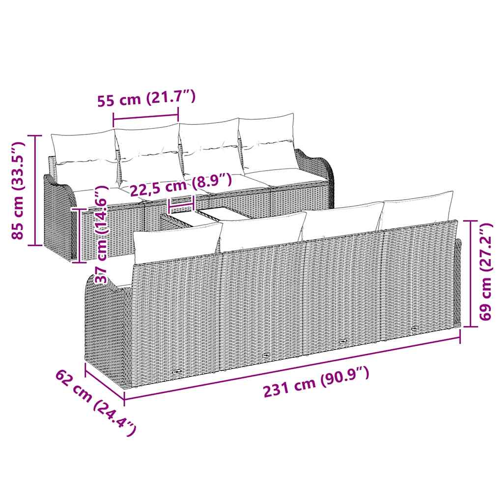 9 dalių sodo sofa komplektas su pagalvėmis, Smėlio, poli ratanas