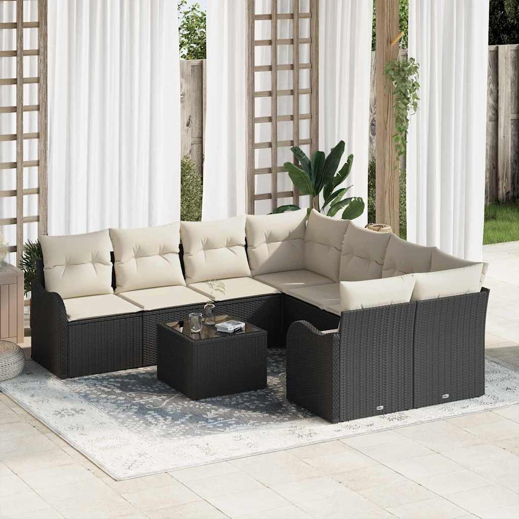 9 dalių sodo sofa rinkinys su pagalvėlėmis Juoda Poli ratanas
